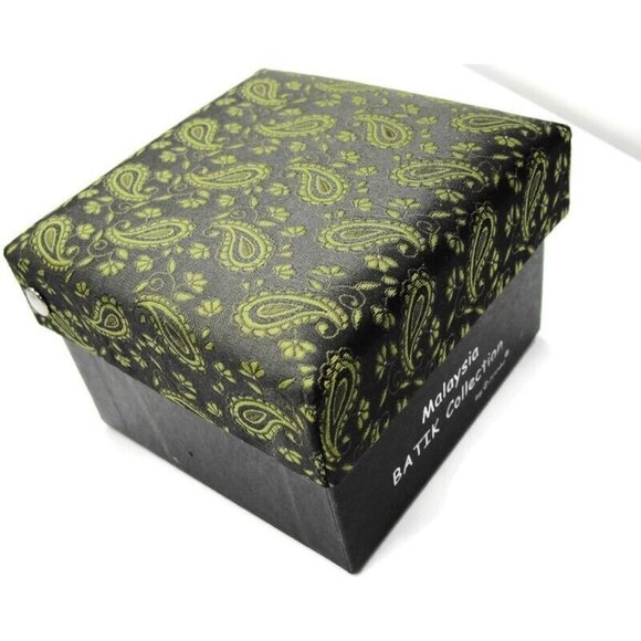 Batik Collection Malaysia Tie, Hanky & Cufflinks Black Green Silver Tone Tux IOB - Picture 6 of 8